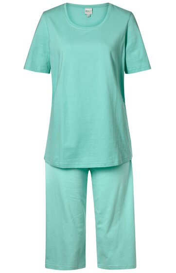 Helles mintgrünes Pyjama-Set, kurzärmeliges Oberteil mit Rundhalsausschnitt, gerade geschnittene lange Hose, einfarbig, locker geschnitten