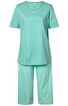 Helles mintgrünes Pyjama-Set, kurzärmeliges Oberteil mit Rundhalsausschnitt, gerade geschnittene lange Hose, einfarbig, locker geschnitten