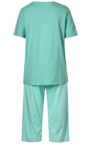 Zweiteiliges Pyjama-Set in mintgrün, schlicht ohne Muster, kurzärmeliges Oberteil mit rundem Ausschnitt, gerade geschnittene lange Hose
