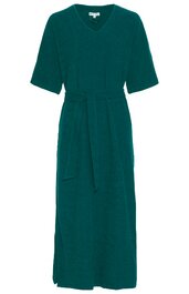 Dunkelgrünes, knöchellanges Kleid ohne Muster, halblange Ärmel, V-Ausschnitt, Taillengürtel, gerade geschnitten