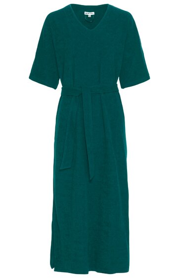 Dunkelgrünes, knöchellanges Kleid ohne Muster, halblange Ärmel, V-Ausschnitt, Taillengürtel, gerade geschnitten