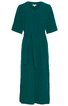 Dunkelgrünes, knöchellanges Kleid ohne Muster, halblange Ärmel, V-Ausschnitt, Taillengürtel, gerade geschnitten