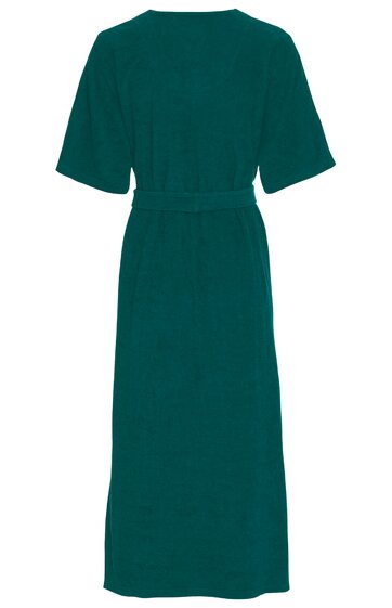 Dunkelgrünes Midikleid ohne Muster, kurze weiter geschnittene Ärmel, mit rundem Ausschnitt, Taillenriemen, gerade geschnitten, Rückenansicht