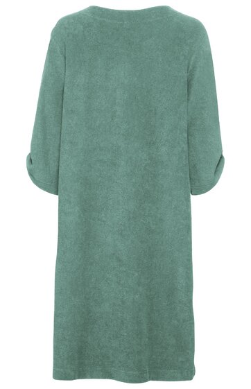 Locker geschnittenes, knielanges Kleid in graugrün, unifarben, mit langen Ärmeln, aufgekrempelte Ärmelenden, Rundhalsausschnitt, keine sichtbaren Verschlüsse oder Muster