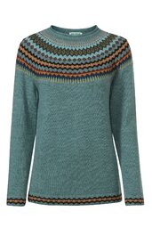 Pullover in blaugrün mit Rundhalsausschnitt, langärmlig, gerader Schnitt, mit mehrfarbigem Norwegermuster in Braun, Orange und Dunkelblau am Ausschnitt und Saum