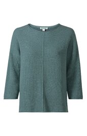 Olivgrüner Pullover mit Rundhalsausschnitt, durchgehende Ziernaht in der Mitte vorne, gerade, lange Ärmel, ohne Muster