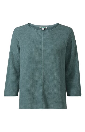 Olivgrüner Pullover mit Rundhalsausschnitt, durchgehende Ziernaht in der Mitte vorne, gerade, lange Ärmel, ohne Muster