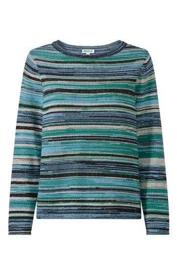 Langärmeliges Shirt in verschiedenen Blautönen und Grün, horizontal gestreift, Rundhalsausschnitt, gerade geschnitten, ohne weitere sichtbare Details