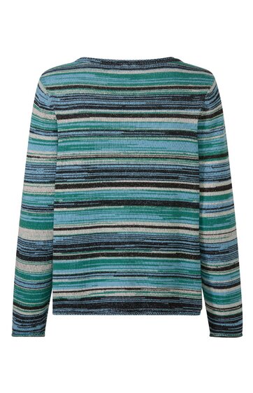 Langärmliges Pullover, streifend in verschiedenen Blautönen und Grau, Rundhalsausschnitt, gerade geschnitten, ohne weitere Verzierungen