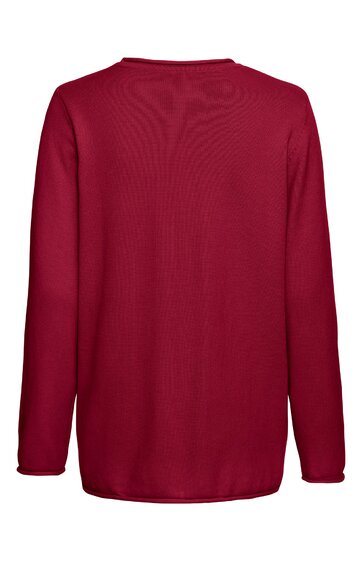 Langärmliges, unifarbenes dunkelrotes Shirt, Rundhalsausschnitt, gerade geschnittener Saum, Rückansicht ohne weitere Muster oder Details