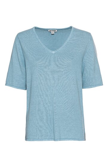 Hellblaues T-Shirt mit V-Ausschnitt, kurze Ärmel, gerade geschnittener Saum, keine Muster oder Verzierungen