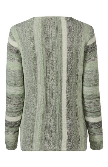 Pullover in Hellgrün mit grauen Streifen und meliertem Muster, langärmlig, gerader Schnitt, hinten abgebildet