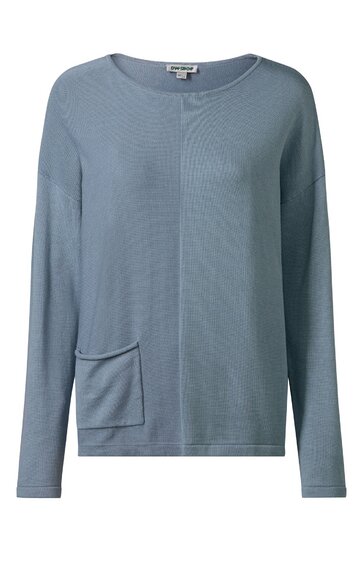 Langärmliges Oberteil in rauchblau, einfarbig, Rundhalsausschnitt, lockere Passform, aufgesetzte Tasche vorne links, keine weiteren Muster oder Verzierungen