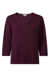 Dunkelvioletter Pullover mit V-Ausschnitt, lange Ärmel, gerade geschnitten, zentrales, vertikales Strickmuster, schlichte Verarbeitung ohne zusätzliche Verzierungen