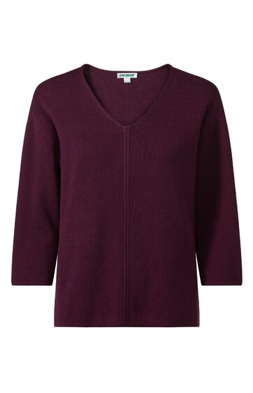Dunkelvioletter Pullover mit V-Ausschnitt, lange Ärmel, gerade geschnitten, zentrales, vertikales Strickmuster, schlichte Verarbeitung ohne zusätzliche Verzierungen