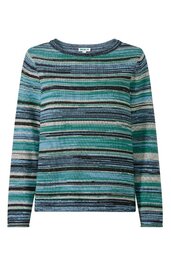 Langärmeliges Shirt in verschiedenen Blautönen und Grün, horizontal gestreift, Rundhalsausschnitt, gerade geschnitten, ohne weitere sichtbare Details