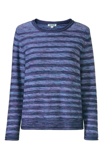 Langarmshirt in Blau und Dunkelblau, horizontal gestreift, Rundhalsausschnitt, gerade geschnitten