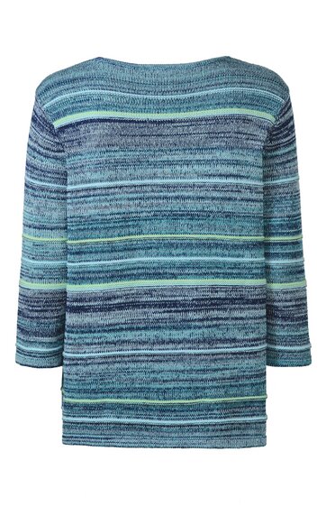 Langärmliges Damenoberteil mit horizontalem Streifenmuster in Blau- und Grüntönen, rundem Ausschnitt, gerade geschnitten, leicht verlängert, ohne sichtbare Verschlüsse