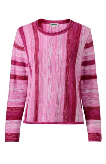 Langärmliges Damenpullover in verschiedenen Rosatönen, Streifenmuster, rundhalsausschnitt, gerade Form