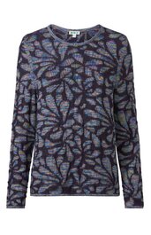 Langärmliges Shirt in Dunkelgrau mit abstraktem blau-lila Muster, rundem Halsausschnitt, gerade Passform