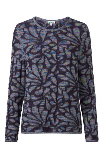 Langärmliges Shirt in Dunkelgrau mit abstraktem blau-lila Muster, rundem Halsausschnitt, gerade Passform