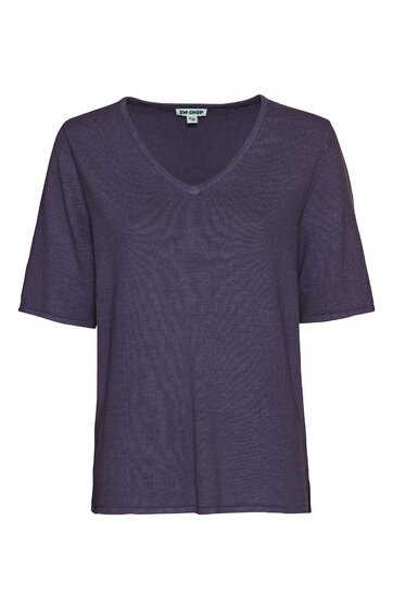 Dunkellila T-Shirt, einfarbig, V-Ausschnitt, kurze Ärmel, gerade geschnitten