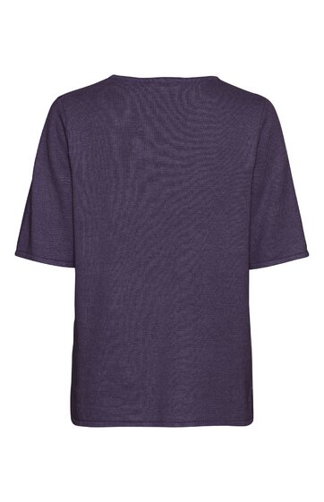 Lila T-Shirt ohne Muster, Rundhalsausschnitt, kurze Ärmel, gerade Passform, von hinten gezeigt