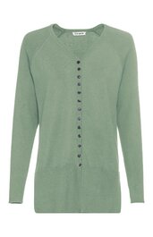 Grüne Strickjacke, einfarbig, Rundhalsausschnitt, lange Ärmel, durchgehende Knopfleiste mit schwarzen Knöpfen, gerade geschnitten