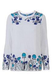 Langärmeliges weißes Damenoberteil mit blauen und dunkelblauen Blumenmustern an Schultern und Saum, Rundhalsausschnitt, gerade geschnitten