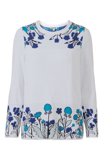 Langärmeliges weißes Damenoberteil mit blauen und dunkelblauen Blumenmustern an Schultern und Saum, Rundhalsausschnitt, gerade geschnitten