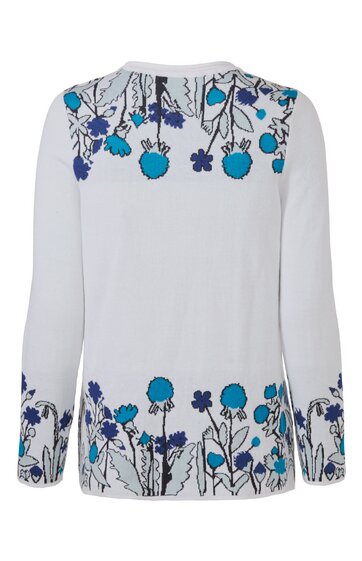 Weiße Bluse mit langem Arm, floralem Muster in Blau und Schwarz am oberen Rücken und Ärmelenden, Rundhalsausschnitt, gerade geschnitten