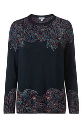 Dunkelblauer Pullover mit buntem Paisley-Muster in Rot, Blau und Grün, Rundhalsausschnitt, lange Ärmel, lockere Passform