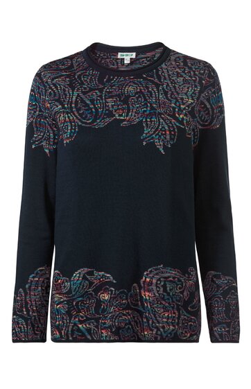 Dunkelblauer Pullover mit buntem Paisley-Muster in Rot, Blau und Grün, Rundhalsausschnitt, lange Ärmel, lockere Passform