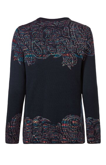 Dunkelblauer Pullover mit buntem Paisley-Muster auf Schultern, Ärmelenden und Saum, Rundhalsausschnitt, langärmlig, gerade geschnitten