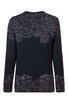 Dunkelblauer Pullover mit buntem Paisley-Muster auf Schultern, Ärmelenden und Saum, Rundhalsausschnitt, langärmlig, gerade geschnitten