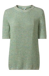 Grüner kurzärmeliger Pullover mit Plissee-Struktur, Rundhalsausschnitt, gerade geschnitten, ohne sichtbare Muster oder Verzierungen