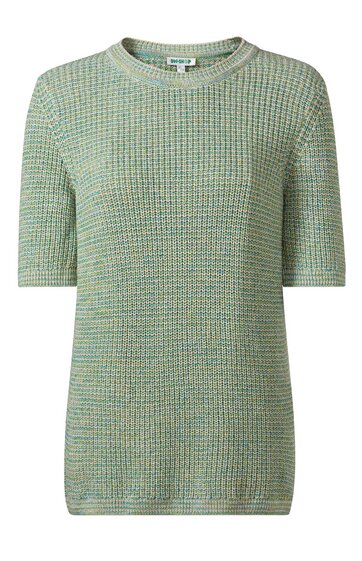 Grüner kurzärmeliger Pullover mit Plissee-Struktur, Rundhalsausschnitt, gerade geschnitten, ohne sichtbare Muster oder Verzierungen