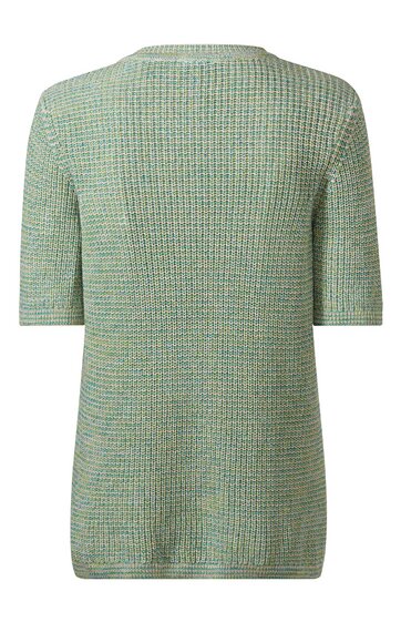 Locker geschnittener Pullover in hellgrün mit feinem Karomuster, kurzer Ärmel, Rundhalsausschnitt, gerade geschnitten