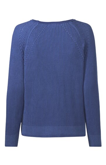 Dunkelblauer Pullover mit durchgehendem Rippenmuster, Rundhalsausschnitt, lange Ärmel, gerade geschnitten