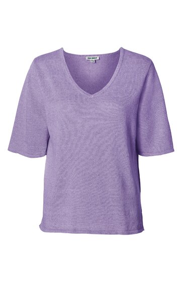 Lila Kurzarmshirt, unifarben, V-Ausschnitt, weite Passform, kurzer Ärmel