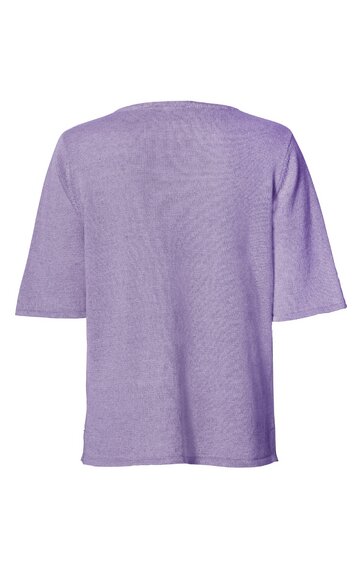 Locker geschnittenes T-Shirt in helllila, ohne Muster, kurze Ärmel, rund ausgeschnittener Halsausschnitt, Rückansicht