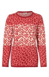 Rotes Damenpullover mit cremefarbenem Leopardenmuster, Rundhalsausschnitt, lange Ärmel, gerade geschnitten
