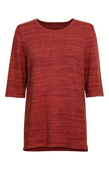 Rotes Damenoberteil mit meliertem Muster, halblange Ärmel, Rundhalsausschnitt, gerade Form