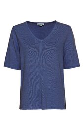 Blaues T-Shirt ohne Muster, V-Ausschnitt, kurze Ärmel, gerade geschnitten, ohne sichtbare Taschen oder Verzierungen