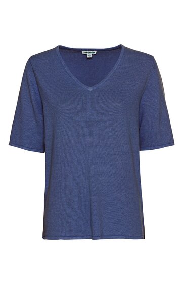 Blaues T-Shirt ohne Muster, V-Ausschnitt, kurze Ärmel, gerade geschnitten, ohne sichtbare Taschen oder Verzierungen