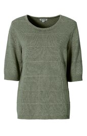 Olivgrüner Pullover mit kurzen Ärmeln, rundem Ausschnitt, gerippten Bündchen an Ärmeln und Saum, feines horizontales Streifenmuster, gerade geschnitten