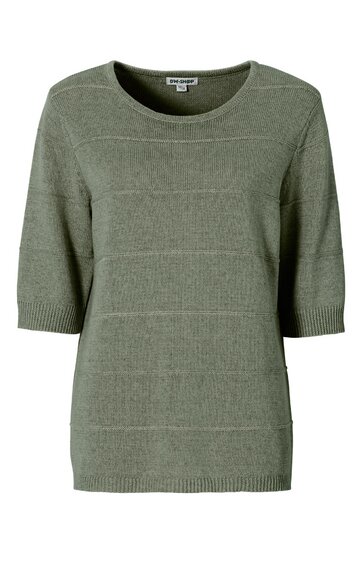 Olivgrüner Pullover mit kurzen Ärmeln, rundem Ausschnitt, gerippten Bündchen an Ärmeln und Saum, feines horizontales Streifenmuster, gerade geschnitten