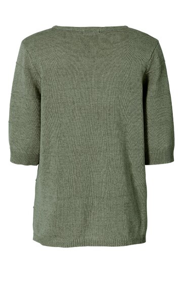 Olivgrüner Pullover mit kurzen Ärmeln, rundem Halsausschnitt, gerader Schnitt, gestrickt, keine sichtbaren Muster, ohne Verzierungen