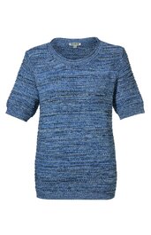 Kurzärmliges Strickoberteil in Blau mit meliertem Muster, rundem Ausschnitt, gerade geschnitten, locker sitzend
