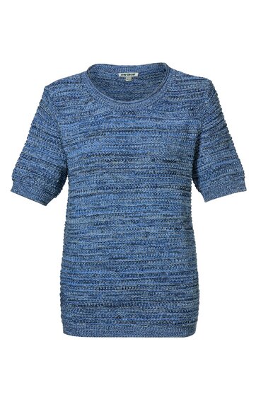 Kurzärmliges Strickoberteil in Blau mit meliertem Muster, rundem Ausschnitt, gerade geschnitten, locker sitzend